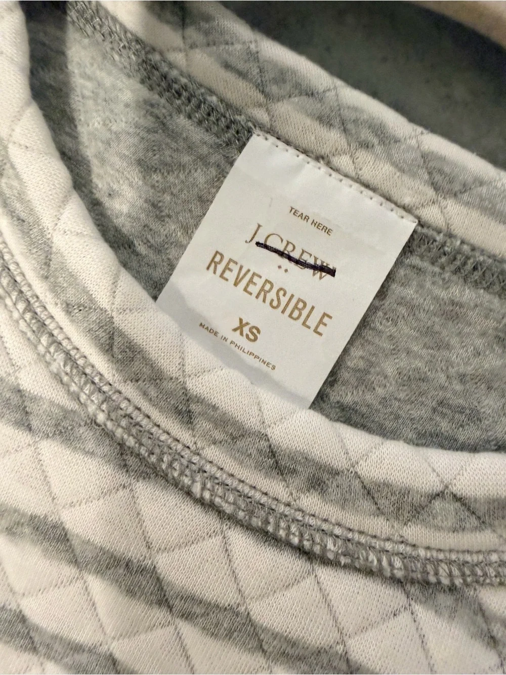 NWOT J. Crew Size XS Gray Cream Reversible Quilted Striped Crew Sweatshirt